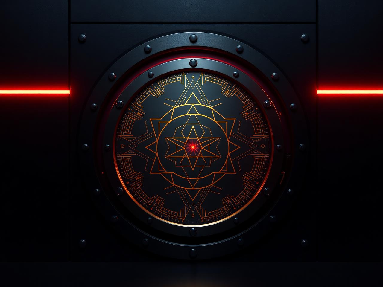 Black vault door with gold engraving and a red seam of light
