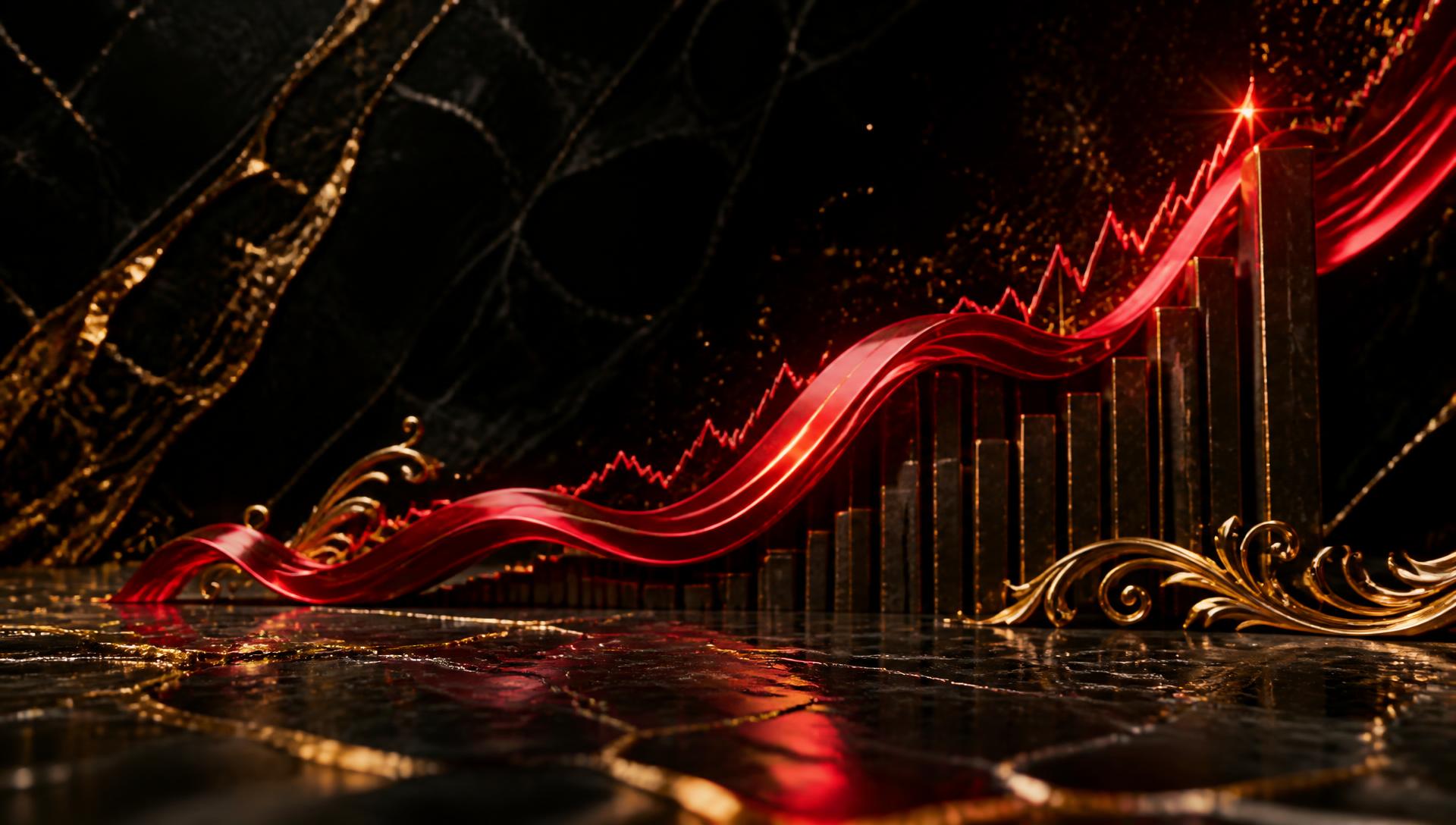 Red ribbon of light rising over black and gold marble